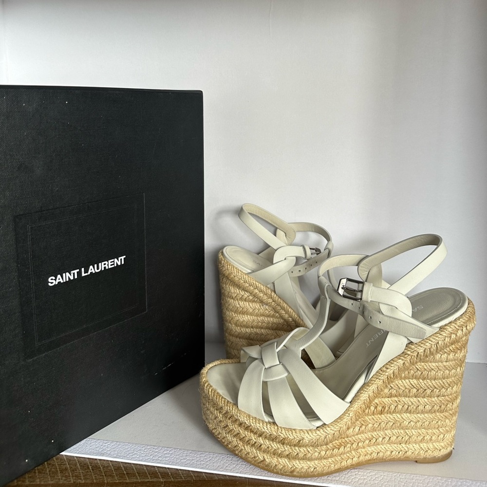 Saint Laurent Tribute Espadrille Wedge in White Smooth Leather Size 6.5
